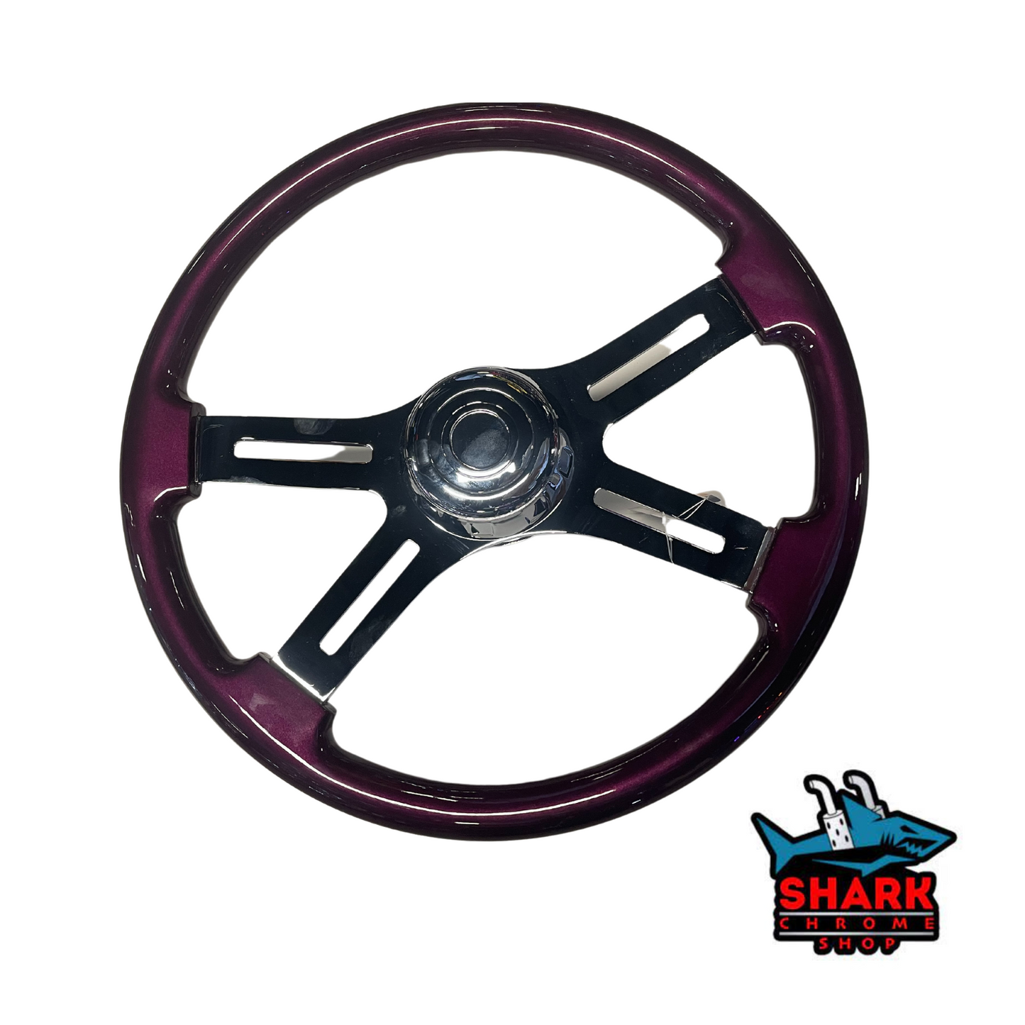 PURPLE WOOD STEERING WHEEL WITH 4 CHROME SPOKES WITH HUB