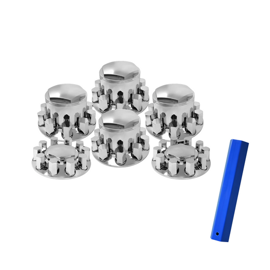 Complete Chrome Axle Cover Kit with Standard Lug Nut Covers in hexagon style with free installation tool