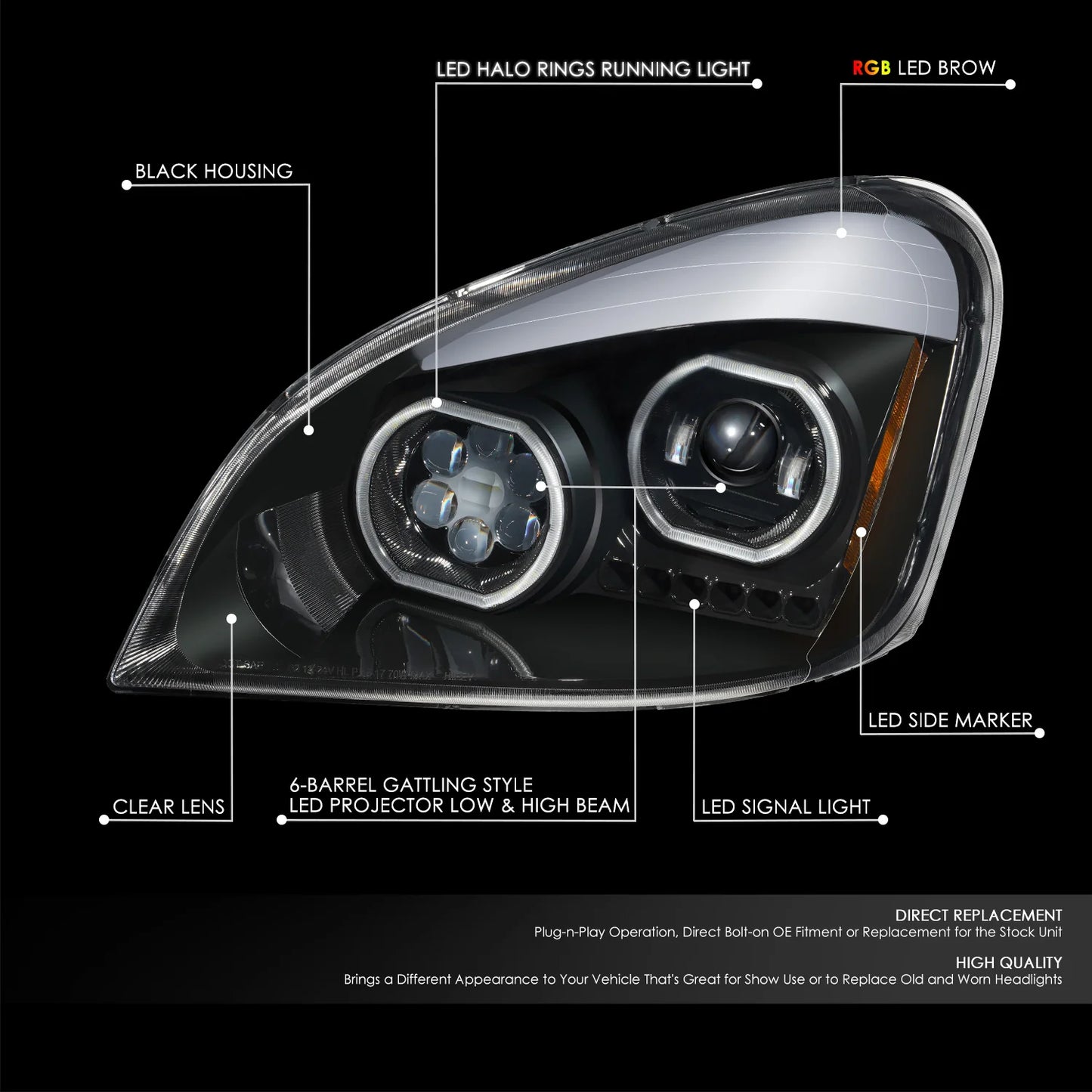 Freightliner Cascadia 08-17 RGB LED Projector Headlights Black (SOLD INDIVIDUALLY)