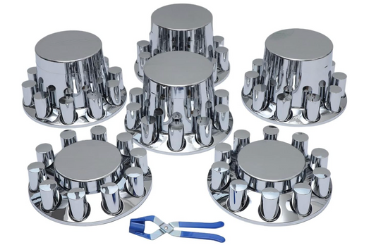 Complete Chrome Axle Cover Kit with Standard Lug Nut Covers cylinder style with free installation tool