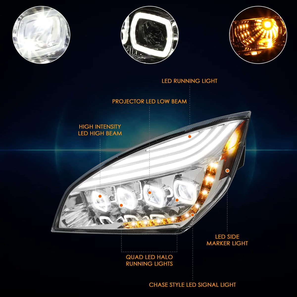 Quad LED Headlights w/ DRL For Freightliner Cascadia 2018-2024 (Available in Chrome or Black)