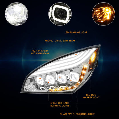 Quad LED Headlights w/ DRL For Freightliner Cascadia 2018-2024 (Available in Chrome or Black)