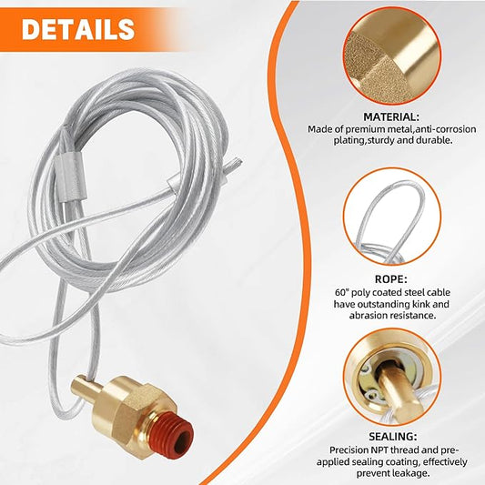 Air Tank Drain Valve Plug Fitting 1/4" NPT with 60" Cable Valve (1 PIECE)