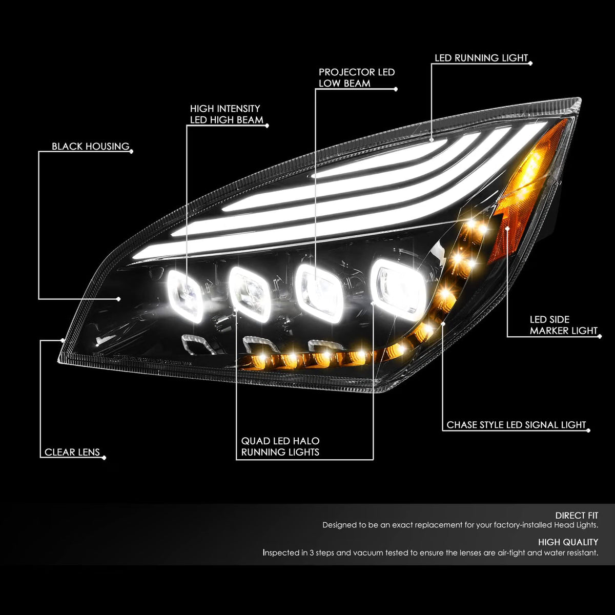 Quad LED Headlights w/ DRL For Freightliner Cascadia 2018-2024 (Available in Chrome or Black)