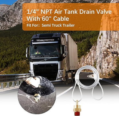 Air Tank Drain Valve Plug Fitting 1/4" NPT with 60" Cable Valve (1 PIECE)
