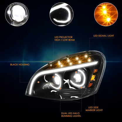 Freightliner Cascadia  08-17  3D LED Bar C-Shape Halo DRL Projector Headlights
