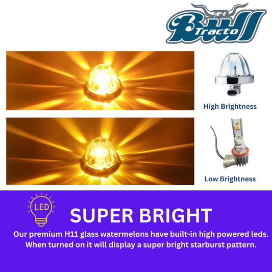 Glass Watermelon white lens,H11 LED bulb Amber,Single color,base metal chrome