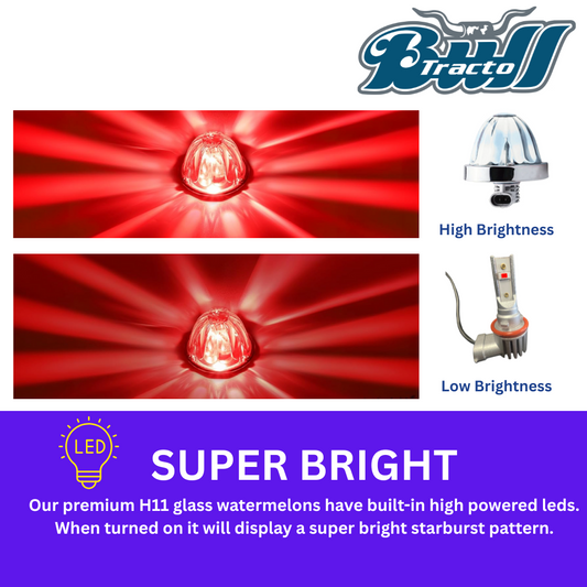 Glass Watermelon white lens,H11 LED bulb Red ,Single color,base metal chrome