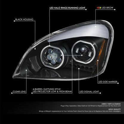 Freightliner Cascadia 08-17  RGB LED  Projector Headlights Black (SOLD INDIVIDUALLY)