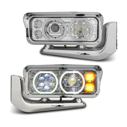 Peterbilt 359, Black Headlight with Aluminum Alloy Bracket Available in Chrome or Black Housing