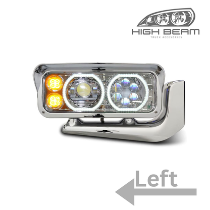 Peterbilt 359, Black Headlight with Aluminum Alloy Bracket Available in Chrome or Black Housing