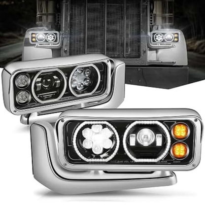 Peterbilt 359, Black Headlight with Aluminum Alloy Bracket Available in Chrome or Black Housing