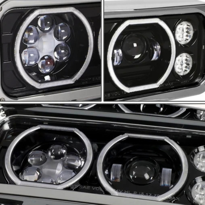 Peterbilt 359, Black Headlight with Aluminum Alloy Bracket Available in Chrome or Black Housing