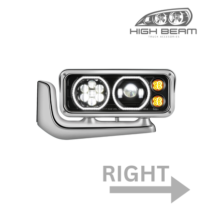 Peterbilt 359, Black Headlight with Aluminum Alloy Bracket Available in Chrome or Black Housing