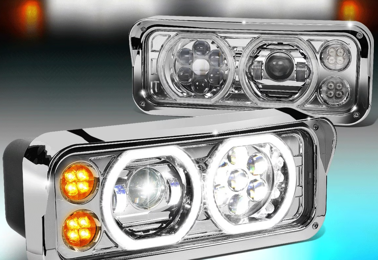 Rectangular Halo LED Projector Headlight Assembly - Chrome Sold Indiviudally