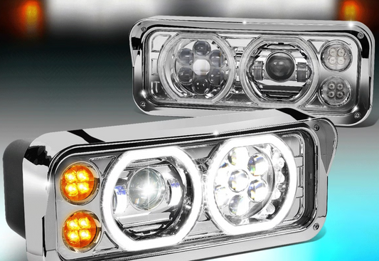 Rectangular Halo LED Projector Headlight Assembly - Chrome Sold Indiviudally