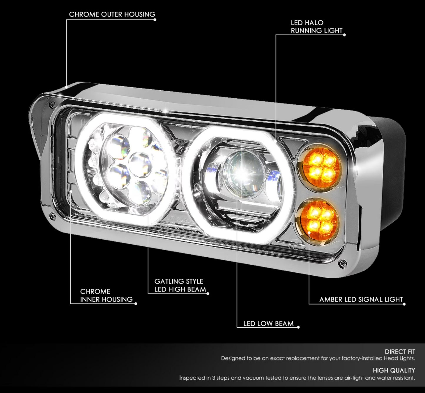Rectangular Halo LED Projector Headlight Assembly - Chrome Sold Indiviudally