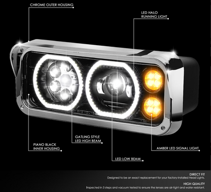Rectangular Halo LED Projector Headlight Assembly -Black Sold Individually