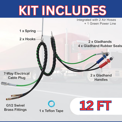 12FT Semi Truck Air Lines Kit with 2PCS Glad Hands, 3-in-1 Air Hose & 7 Way ABS Electric Power Line, with 2PCS Gladhand Handles, & Tender Spring Kit