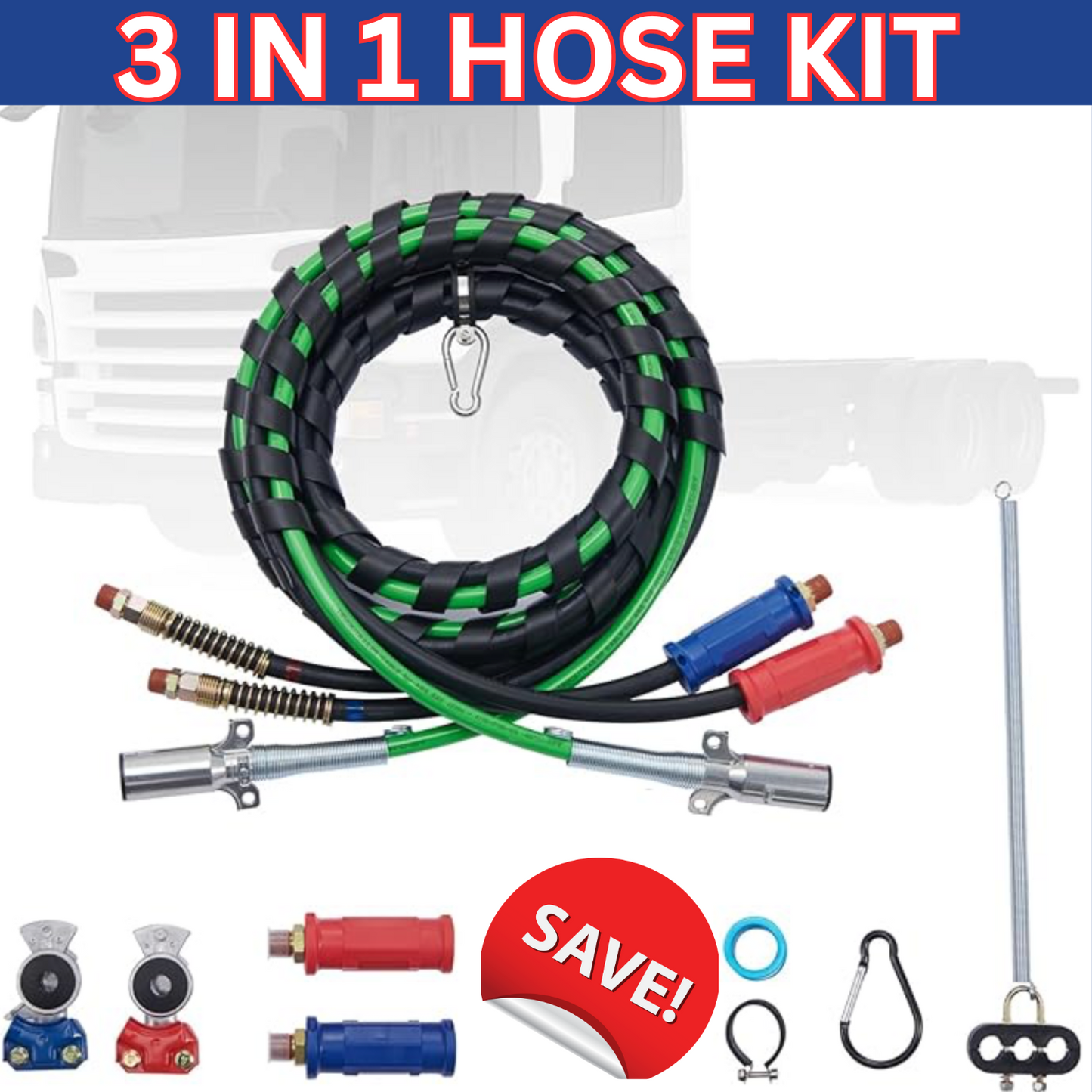 12FT Semi Truck Air Lines Kit with 2PCS Glad Hands, 3-in-1 Air Hose & 7 Way ABS Electric Power Line, with 2PCS Gladhand Handles, & Tender Spring Kit