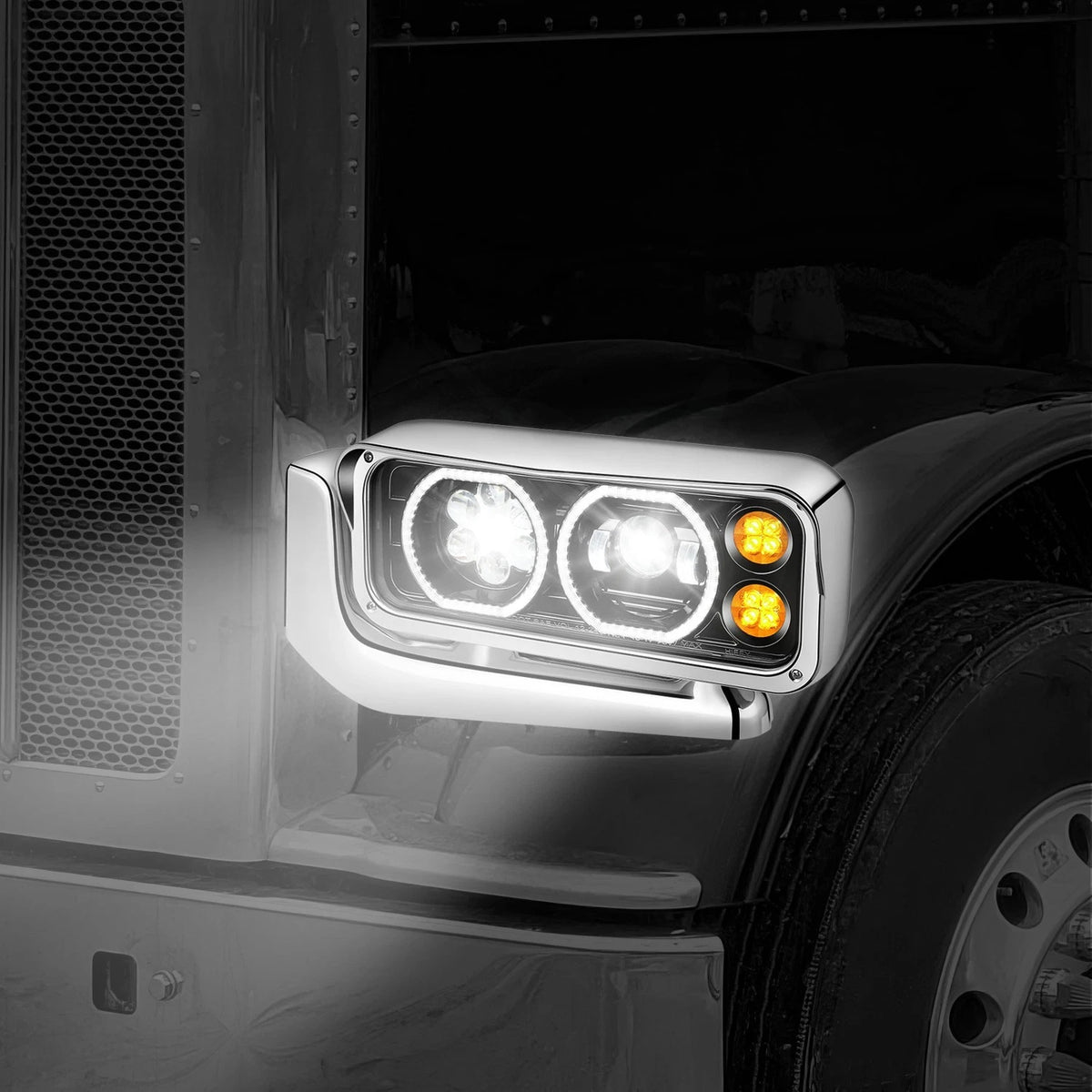Peterbilt 359, Black Headlight with Aluminum Alloy Bracket Available in Chrome or Black Housing