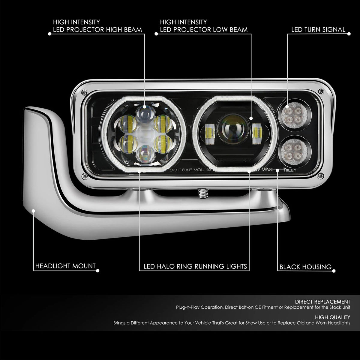 Peterbilt 359, Black Headlight with Aluminum Alloy Bracket Available in Chrome or Black Housing