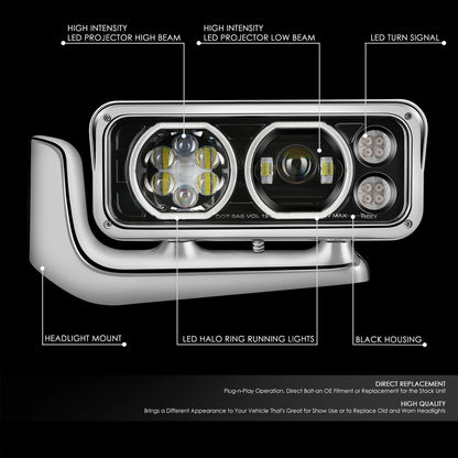 Peterbilt 359, Black Headlight with Aluminum Alloy Bracket Available in Chrome or Black Housing