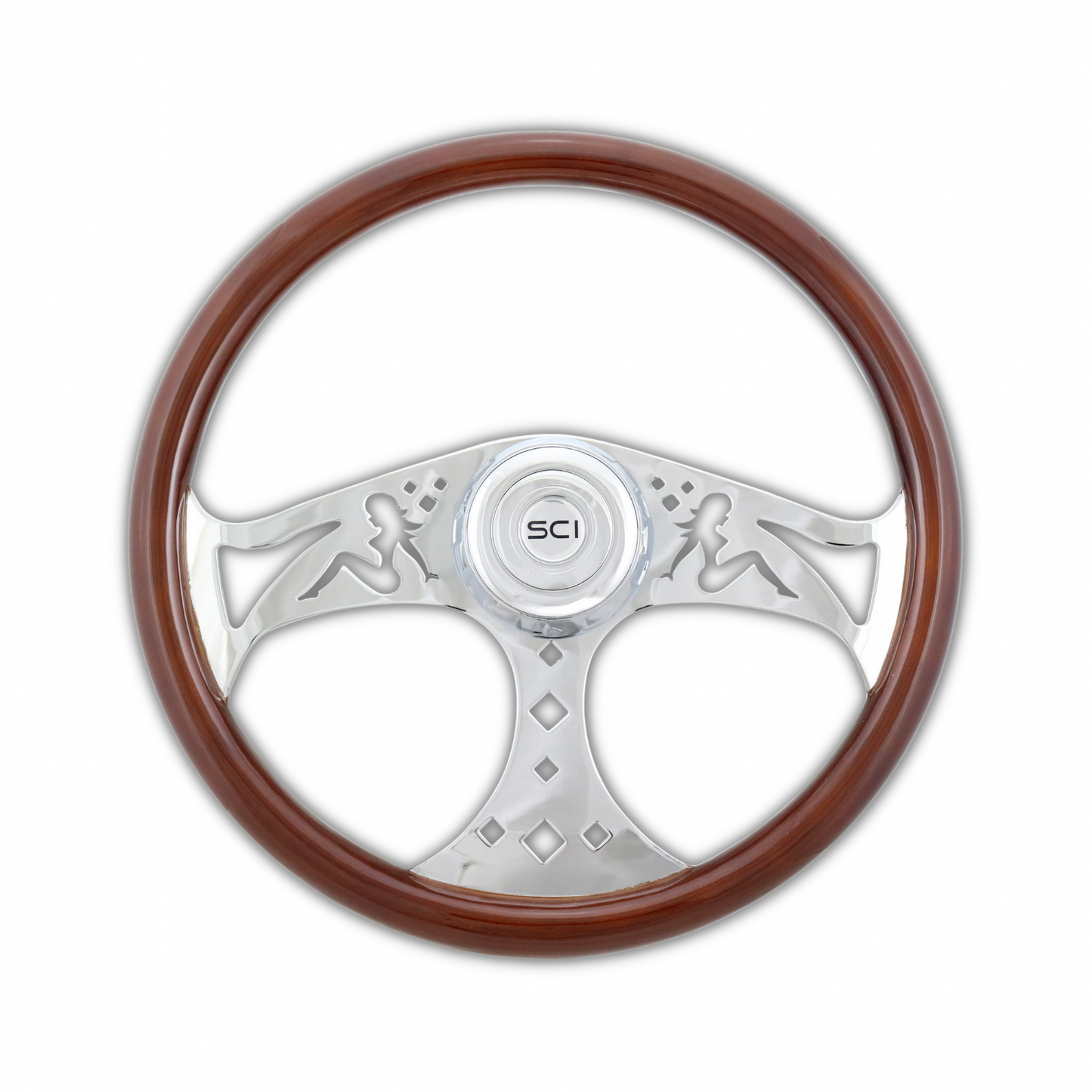 18" Wood 4-Spoke Steering Wheel with Sitting Lady Cut Outs - 3 Bolt Pattern *FINAL SALE ITEM*